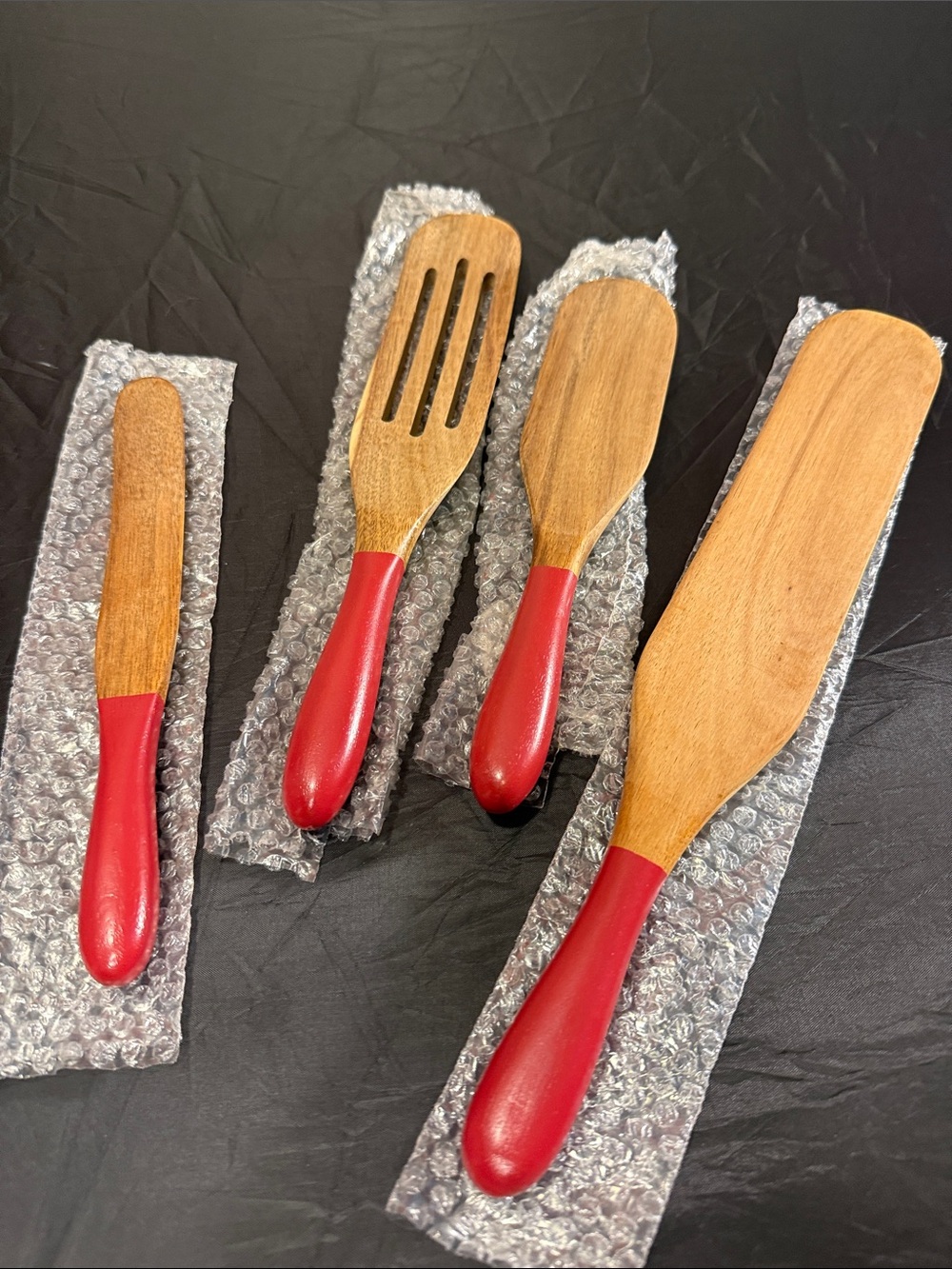 Red-Handled Wooden Serving Utensil Set — 4-Piece